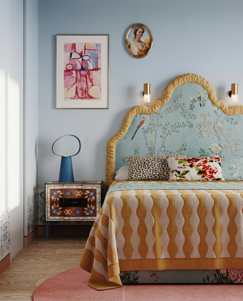 Stylish bedroom with a decorative headboard, curated art and a blue bedside lamp