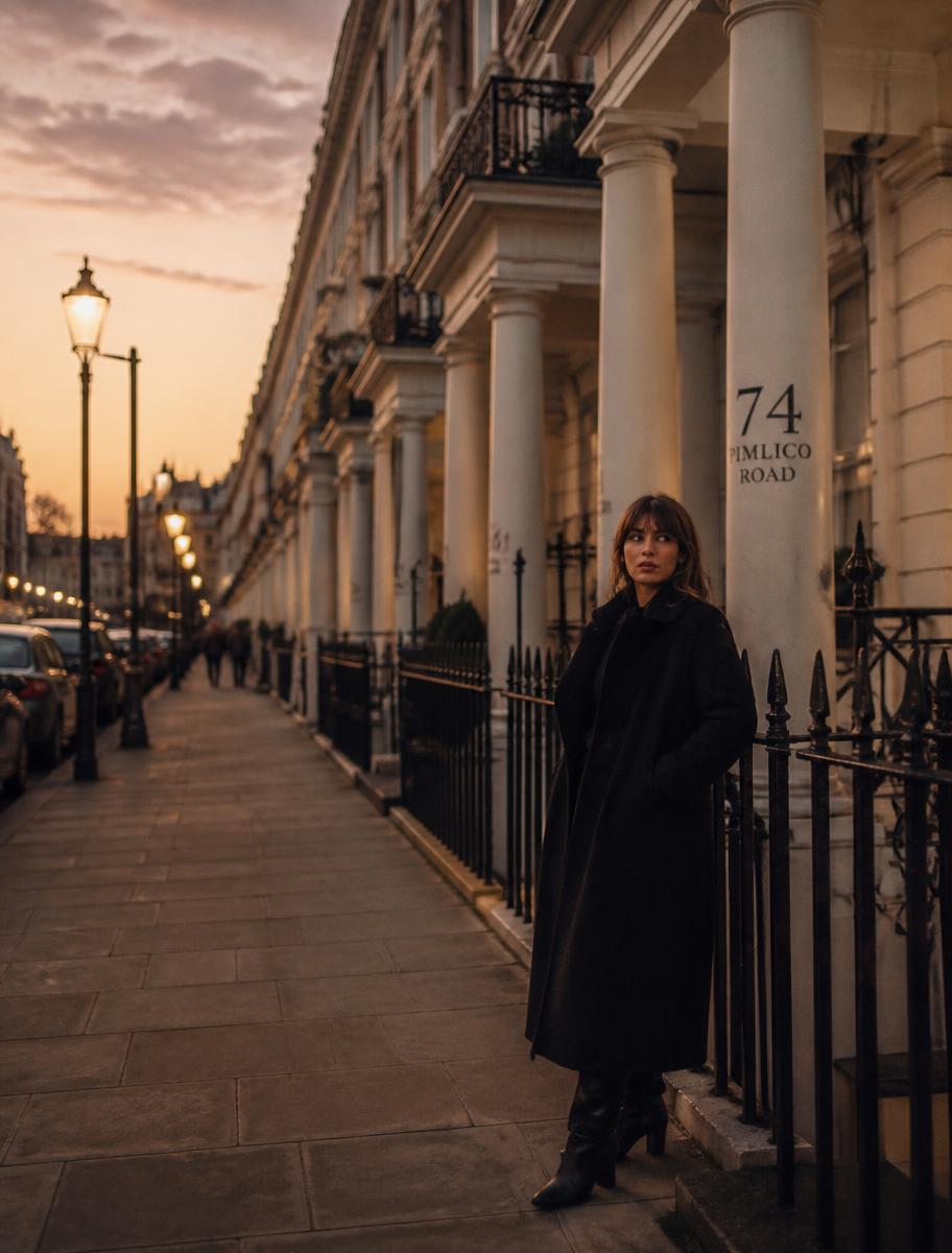 Dusk on a Georgian London street lined with lamplit townhouses