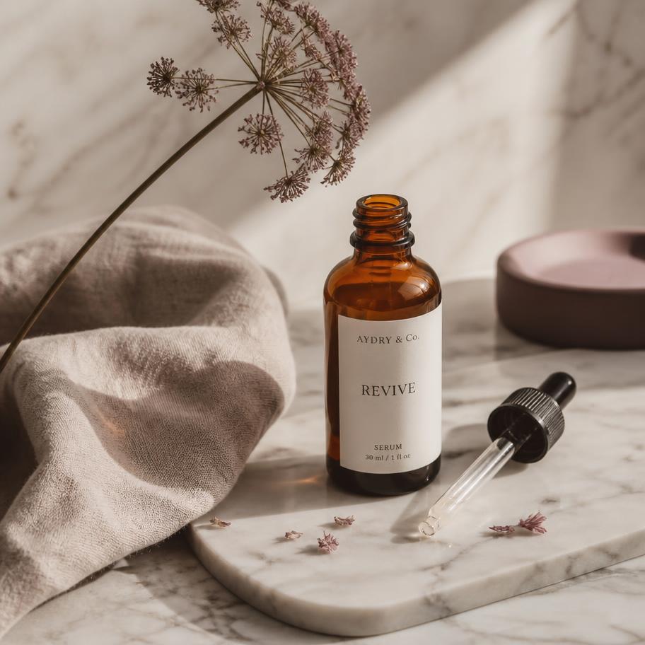 Amber glass serum bottle and dried botanicals on a marble surface