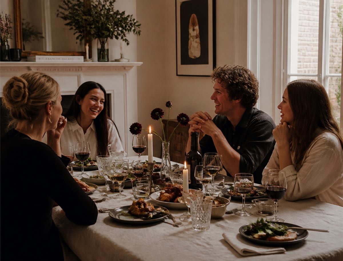 Friends gathered around a candlelit dinner table in a London townhouse