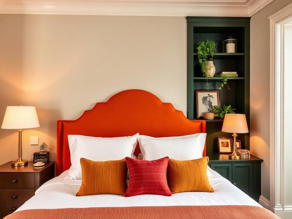 Bedroom with an orange headboard in a managed London apartment