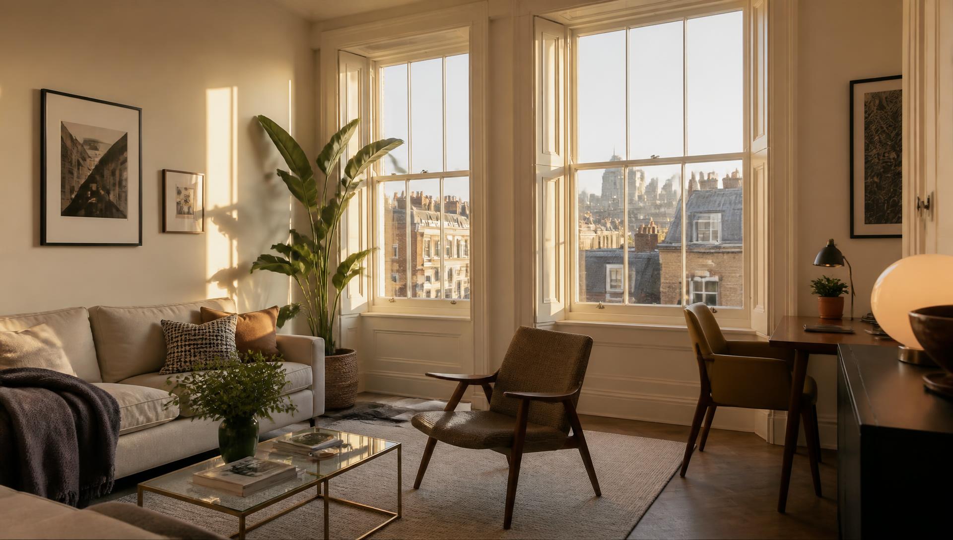 Sunlit living room of a luxury London serviced apartment