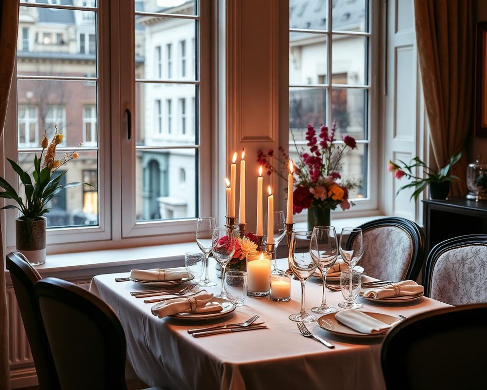 Candlelit dinner table by a window in a London apartment